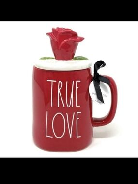 Rae Dunn Red "TRUE LOVE" Ceramic Mug with Rose Lid